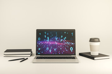 Wall Mural - creative abstract binary code hologram on modern computer monitor, ai and machine learning concept. 