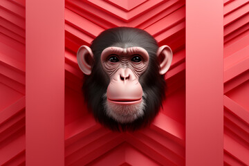 Wall Mural -  Chimpanzee icon, featuring a sleek and stylish Chimpanzee profile against a pale coral background. 