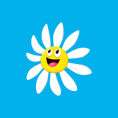 Wall Mural - Cartoon chamomile, daisy flower character with happy face emotion. Isolated vector camomile with white petals, wide funny smile. Cute laughing blossom personage, positive smiling bloom emoticon