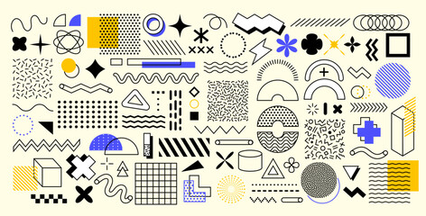Abstract geometric memphis shapes. Vector set of vibrant and dynamic figures and patterns, featuring bold colors and intersecting lines that evoke a sense of modern and retro design fusion elements