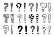 Doodle question and exclamation marks. Vector set of punctuation signs, signal inquiry, seeking answers or express excitement, surprise or urgency, guiding the tone and intensity of written expression