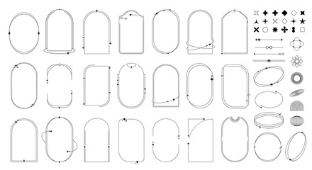 Minimal line figures, frames and borders, star twinkles and sparkles or arch shapes. Isolated monochrome vector linear set of simple outline linear arcs and circles with celestial magical elements