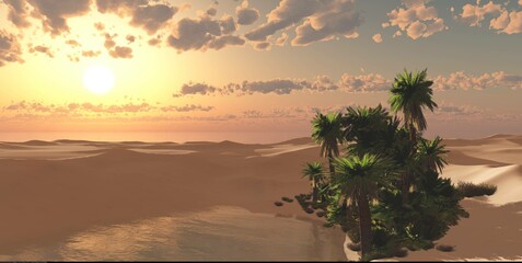 Wall Mural - Oasis at sunset in a sandy desert, a panorama of the desert with palm trees,
3d rendering