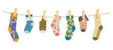 Socks Clothesline With Clothespins, Cotton And Wool Socks On Rope, Cartoon Vector. Socks Hanging On Laundry Line With Pins, Socks With Color Ornament Pattern, Children Colorful Clothes On Clothesline