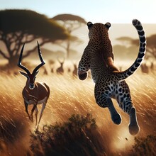 Back Low Angle View Of Leopard Leaping Towards Antelope In African Savannah, Animal Predator Prey Action Concept