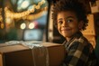 Young child with a joyful expression holding a gift box, with warm festive lights in the background.
