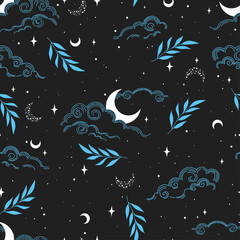 Wall Mural - Vector seamless pattern with moon, plants. Blue ans white colors. Mystical esoteric background for design of fabric, packaging, astrology, phone case, wrapping paper.