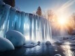 Kalte Eishöhle mit scharfen Eiszapfen und kühler Temperatur mit kalter Sonnen Reflektion