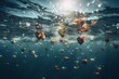 Hearts submerged in the ocean with flying hearts above. Generative AI