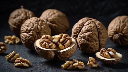 Wall Mural - Fresh walnuts cracked open, revealing their edible kernels, against a dark, moody background. generative AI