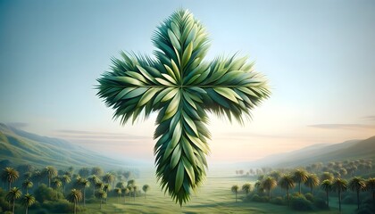 Wall Mural - Palm Sunday, March 24, religious card design, Christianity concept, green cross made of palm leaves background