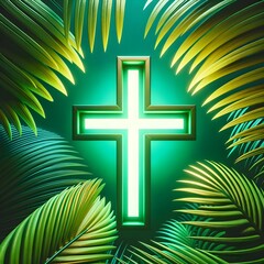 Canvas Print - Palm Sunday, March 24, religious card design, Christianity concept, green cross with palm leaves background