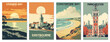 Vintage Travel Posters Set: Studland Bay, Dorset, Manchester, England, Constantine Bay, Cornwall, Eastbourne, Sussex - Vector Art for Famous Tourist Destinations