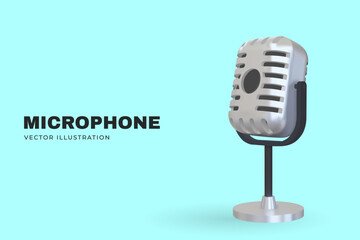 Wall Mural - 3D silver retro microphone. Vector illustration. Advertising banner for studio, concert or podcasting on blue background.