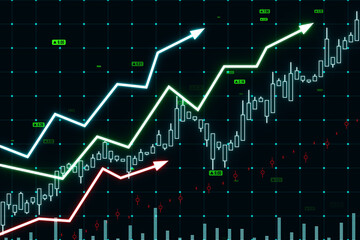 Wall Mural - Growing upward arrows, map and forex chart on dark backdrop. Global trends, trading and finance concept. 3D Rendering.