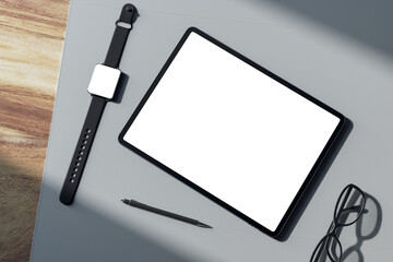 Poster - Top view of empty white tablet screen, digital watch, pen and glasses on wooden tablet. Devices at workplace concept. Mock up, 3D Rendering.