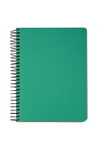 Closed Spiral Bound Notepad With Green Cover Isolated On White, Transparent Background, PNG. Top View, Copy Space For Text, Template, Mockup.