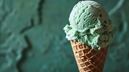 Traditional Irish green color ice cream in a cone, St Patric celebration