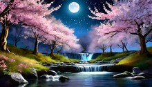 Beautiful Sakura Flowers And Waterfall At Night In The Forest 