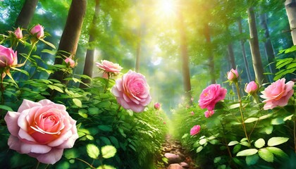 Wall Mural - beautiful roses in the forest ai generated 