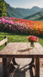 © Tilak - Flowers in the mountains, Empty wood table top on blur abstract green from the garden. For the montage product display,  a wooden  table with a garden