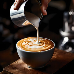 Canvas Print - A close-up of a barista pouring milk into a cup of coffee, creating latte art.