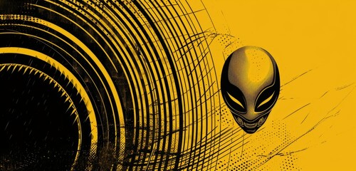 Wall Mural - Vivid alien head with yellow and black grunge abstract with dynamic circles.