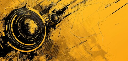 Wall Mural - Vivid yellow and black grunge abstract with dynamic circles.