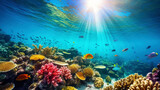 Fototapeta Fototapety do akwarium - Underwater view of a colorful sea coral reef with fishes. Ocean ecosystem. Generative AI