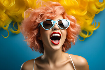 Woman with pink hair and sunglasses making funny face.