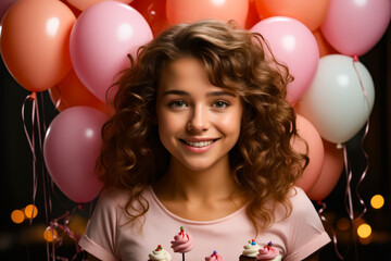 Poster - Girl with curly hair and pink shirt holding cake.