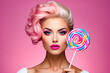 Woman with pink hair holding lollipop.