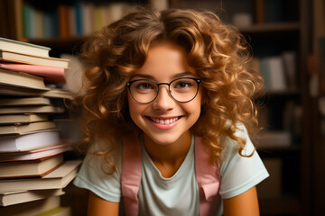 Wall Mural - Girl with glasses smiling for the camera with books in the background.