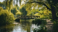 Peaceful Riverside With Weeping Willows And A Wooden Footbridge.