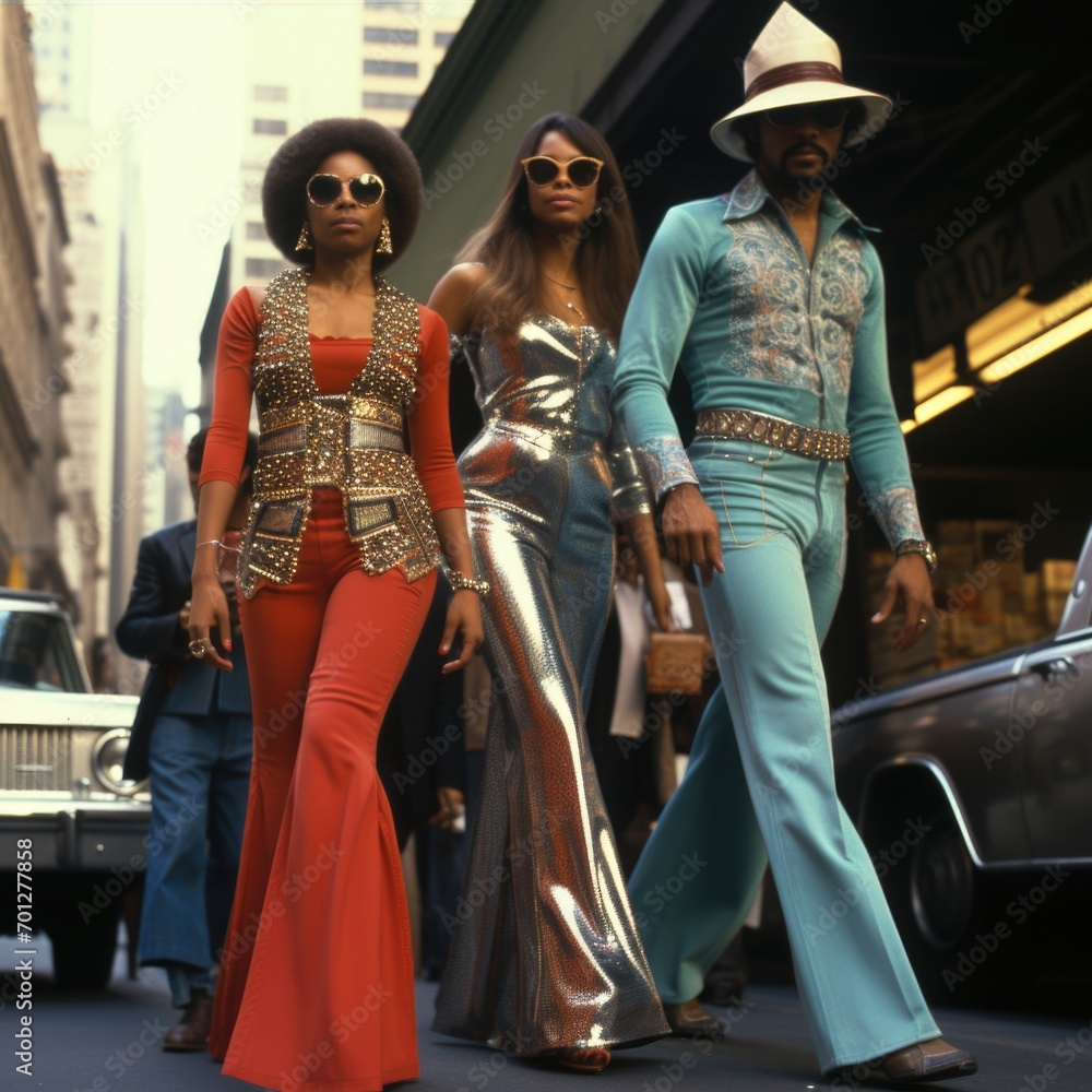 Nostalgic vibes: people embracing the eclectic fashion of the 1970s, a journey back in time through groovy styles, disco glamour, and free-spirited bohemian expressions.