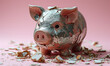 Shattered Piggy Bank Conceptualizing Financial Loss, Economic Breakdown, or Savings Crisis on a Pink Background