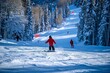 A child in a red jacket is skiing at a ski resort. Skiers are skiing in the mountains. Ski resort in the Alps.