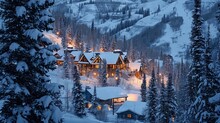 Winter In The Swiss Alps, Switzerland. Wooden Houses In The Mountains In The Evening With Lights On From The Windows. A Mountain Resort In The Winter Mountains