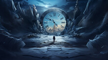 Time Travel Technology Background With Clock Concept And Time Machine, Can Rotate Clock Hands. Jump Into The Time Portal In Hours. Traveling In Space And Time