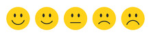 Rating Emojis Set In Yellow Color. Feedback Emoticons Collection. Very Happy, Happy, Neutral, Sad And Very Sad Emojis. Flat Icon Set Of Rating And Feedback Emojis Icons In Yellow Color.