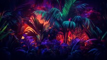 Modern Layout With Tropical Colorful Leaves In The Dark Night Background. Exotic Palms And Plants In Neon Illuminated Lighting.