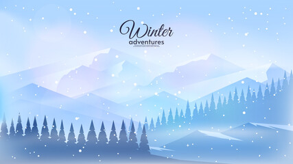 Winter mountain landscape. Raster graphic illustration with snowy hill, mountains. Tourism design.