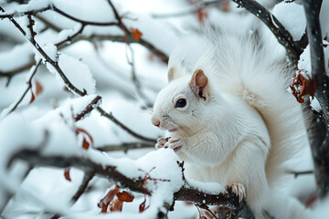 Sticker - A portrait of a white squirrel amidst a winter woodland, highlighting its unique coat against the snow-laden branches