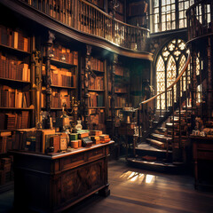 Canvas Print - An old bookshop with shelves filled with antique books.