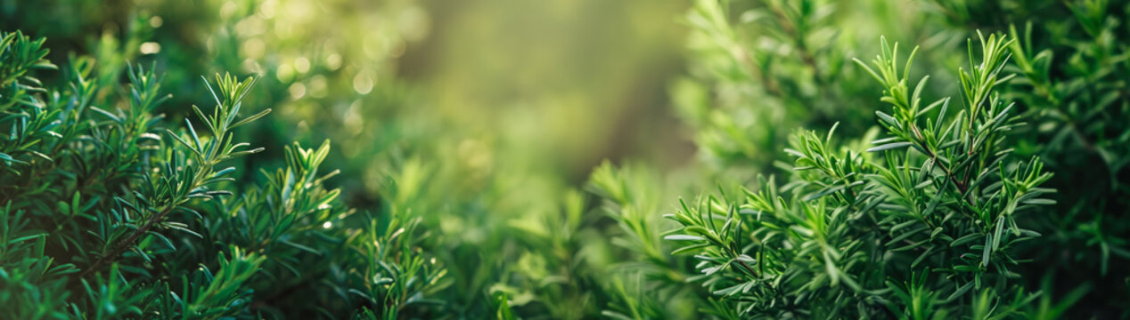 detail of fresh rosemary herb. rosemary herb garden, macro view background.