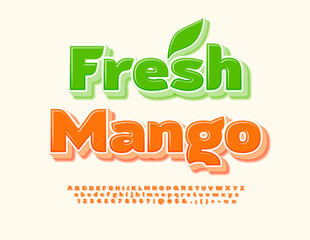 Wall Mural - Vector eco template Fresh Mango. Bright Creative 3D Font. Trendy Orange Alphabet Letters and Numbers set