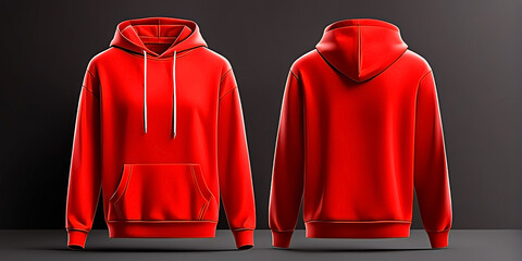 Front and back of a red hoodie. Long sleeves. Men's. Easy to edit hoodie. 3d render style.