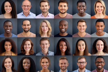 Global People diversity Collage Portraits, Each person close up shot isolated in gray background, portraits of multicultural people, Collage Showcasing the Many Faces and Stories of Males and Females