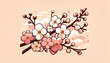 L'illustrazione mostra un ramo di fiori di ciliegio stilizzati, con petali rosa e bianchi, su uno sfondo beige decorato con nuvole e forme astratte in tonalità pastello, evocando un'atmosfera serena e