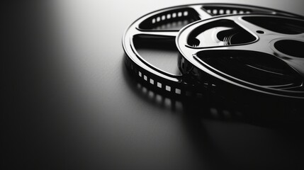 Close-up of a classic film reel in monochrome tones.